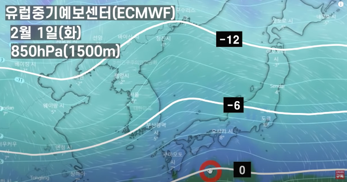 -윈디닷컴-ECMWF-850hPa-상공기온-예측-모델-2022년-2월1일-화요일