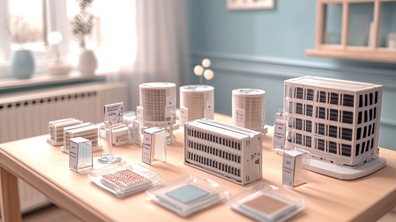 다양한 종류의 에어컨 필터가 구분되어 테이블에 배치된 모습으로 각각의 필터가 명확하게 표시되었습니다. 부드러운 조명과 현대적 주거 컨셉이 조화를 이루며, 필터 종류와 기능에 대한 이해를 돕습니다.