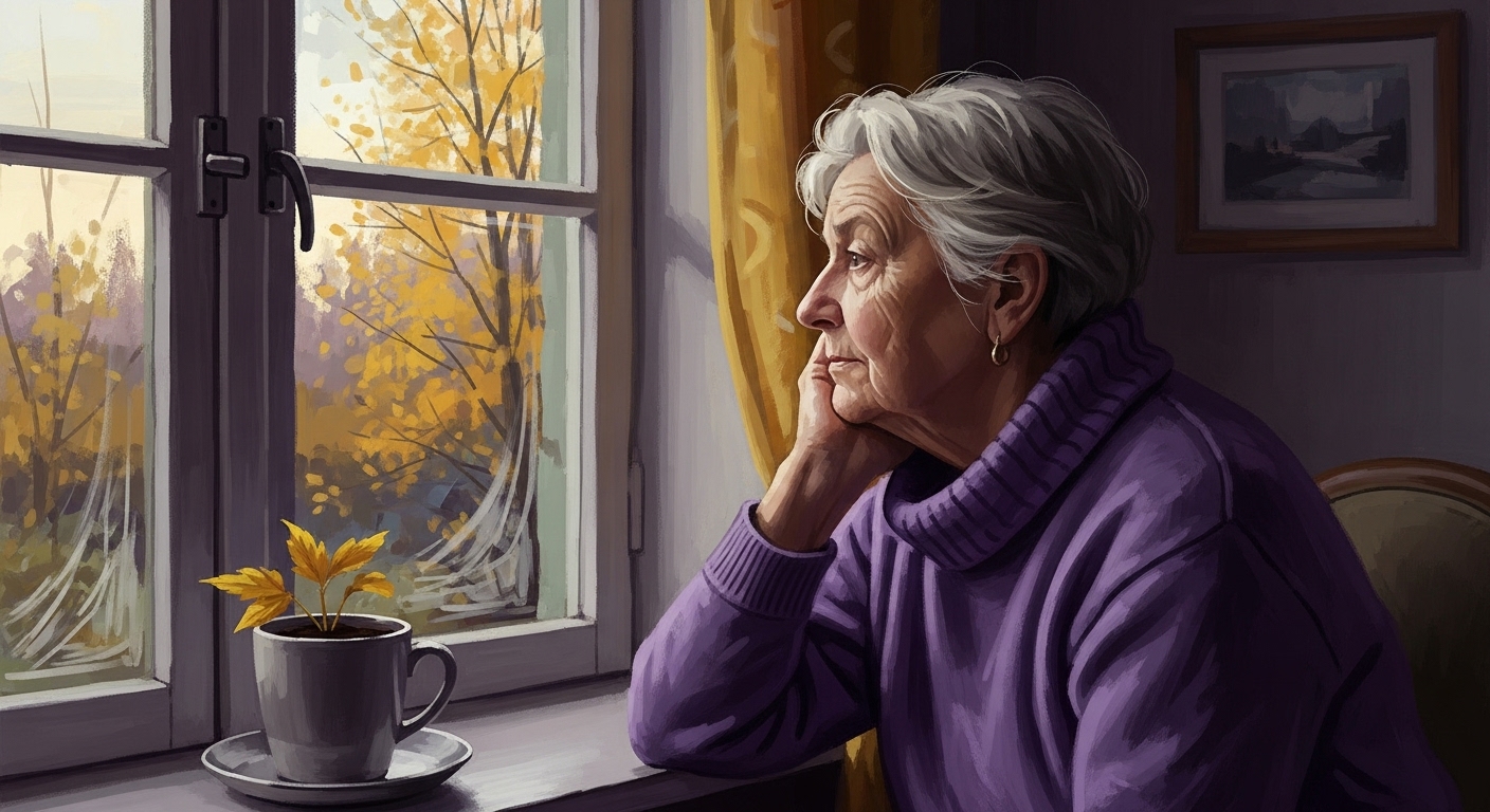 쌀쌀한 환절기 날씨에 창밖을 바라보며 사색에 잠긴 노인의 모습, 계절 변화에 따른 시니어의 건강 취약성을 상징.
