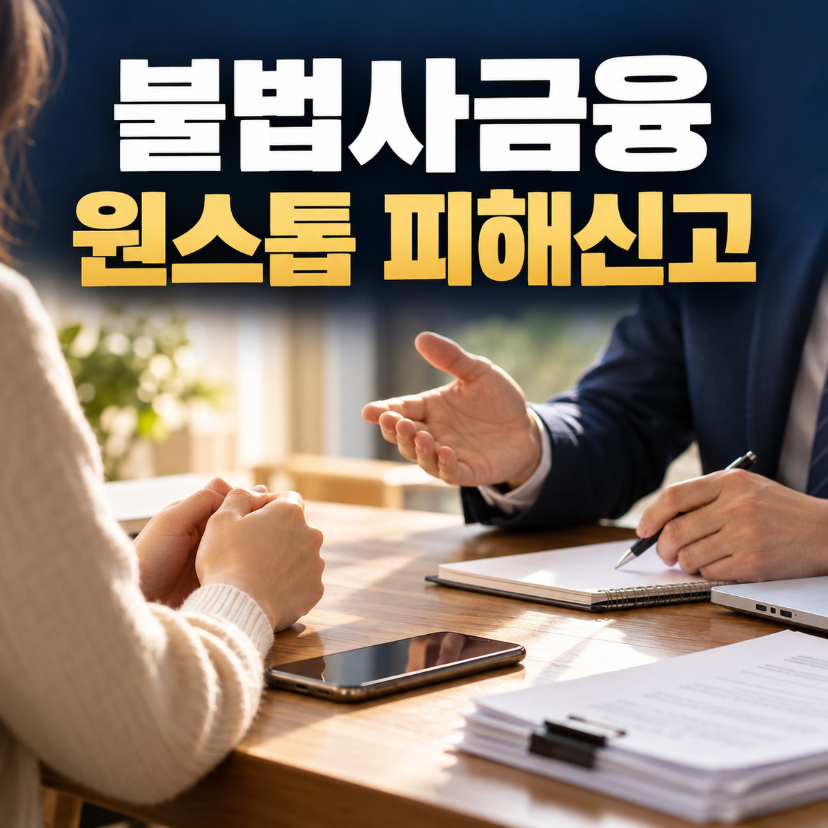 상담실에서 불법사금융 피해신고를 안내받는 장면과 원스톱 피해신고 문구