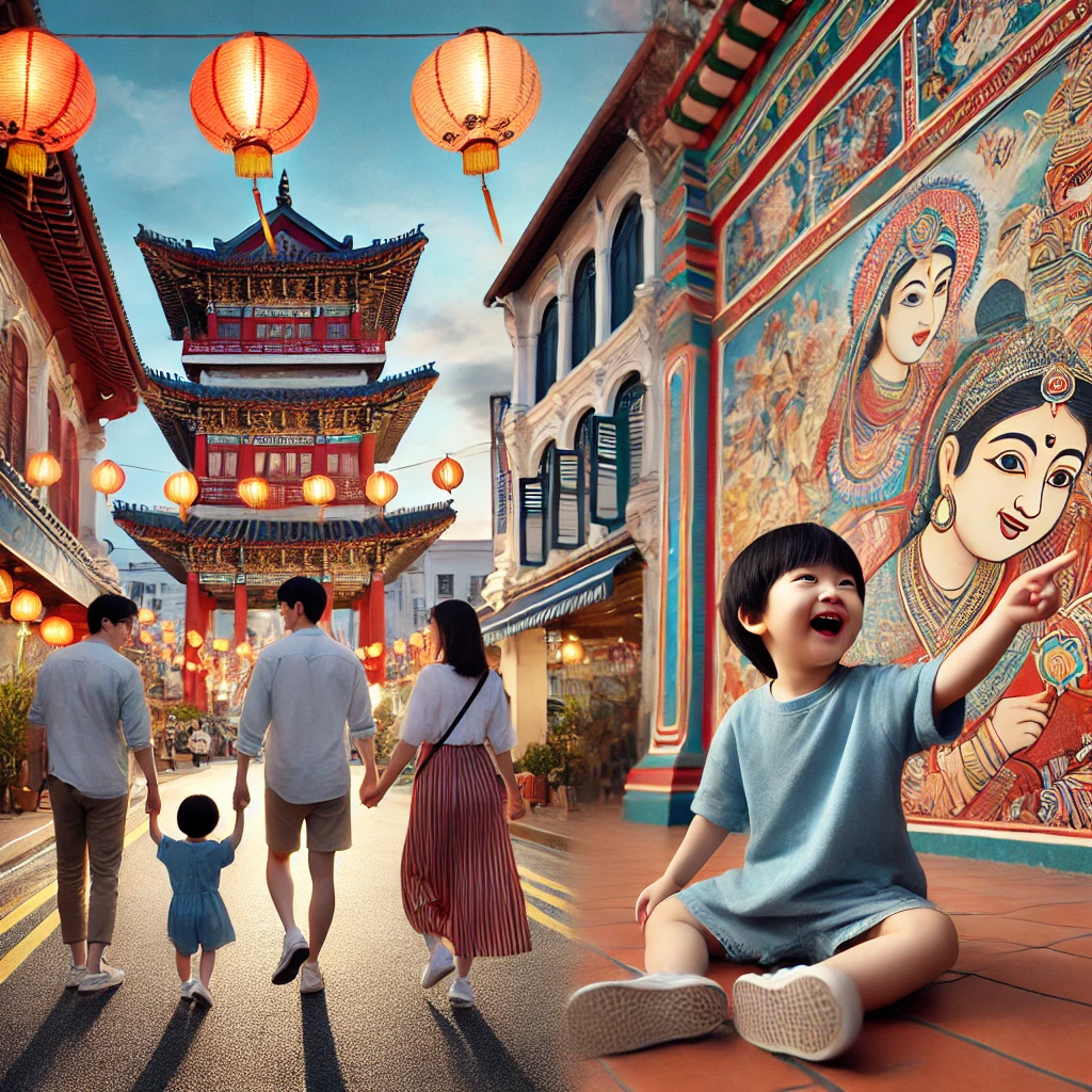 싱가포르 차이나타운의 전통 사원 앞에서 아이와 손잡고 걷는 가족, 리틀 인디아에서 형형색색 벽화와 포즈 취하는 아이