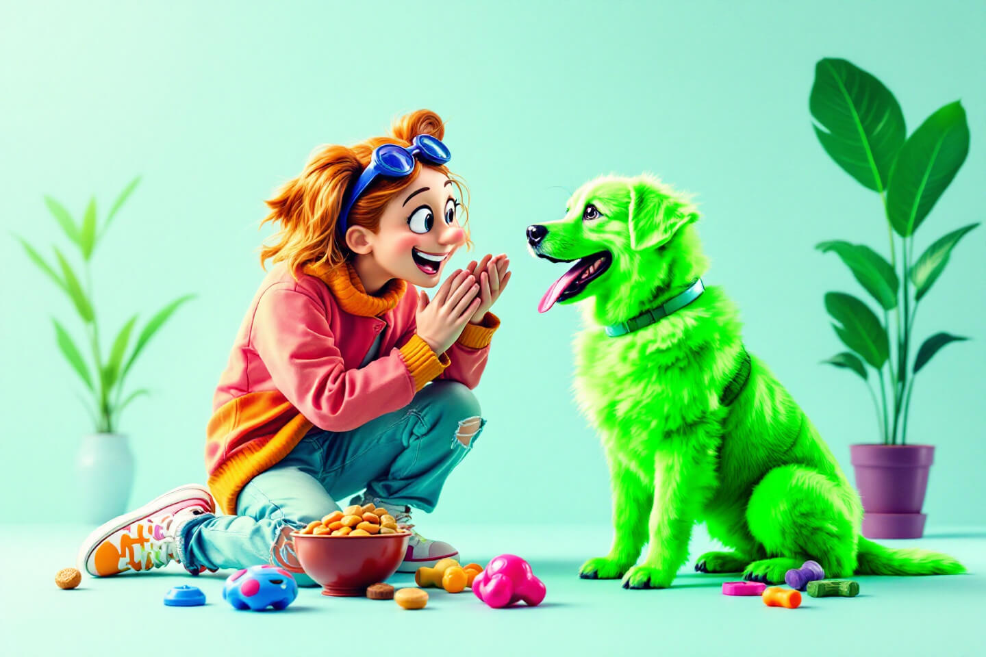 happy dog owner praising puppy after successful sit command