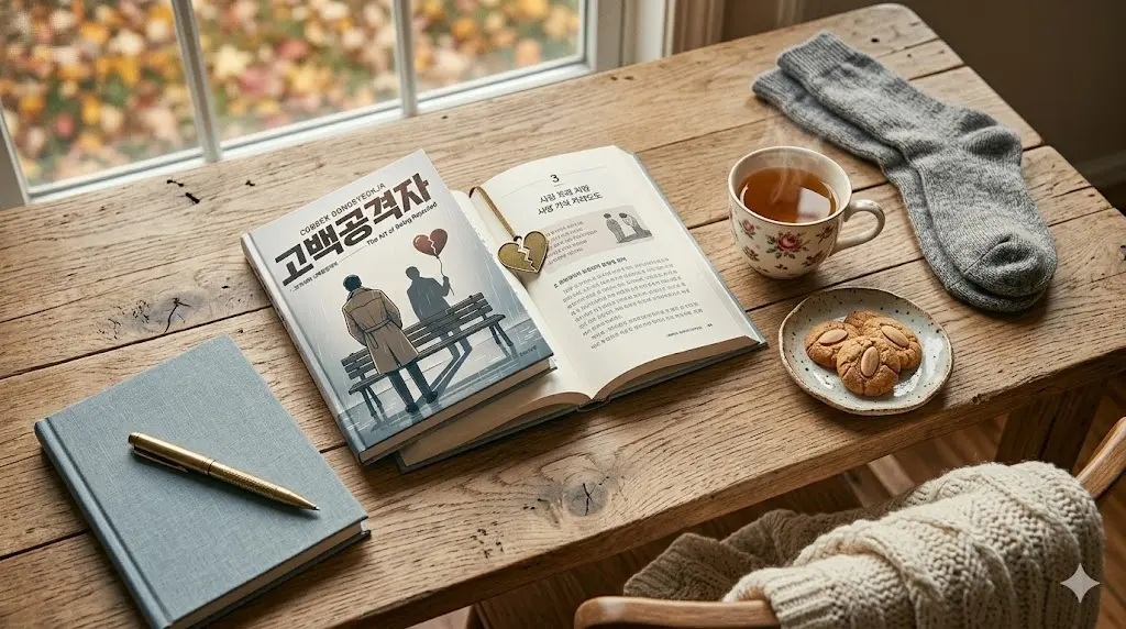 고백공격자 책과 예쁜 북마크, 다이어리가 함께 놓인 따뜻한 분위기의 독서 테이블 풍경