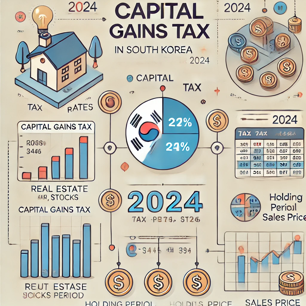 2024년 한국 양도소득세율을 부동산, 주식, 기타 자산별로 설명하는 인포그래픽
