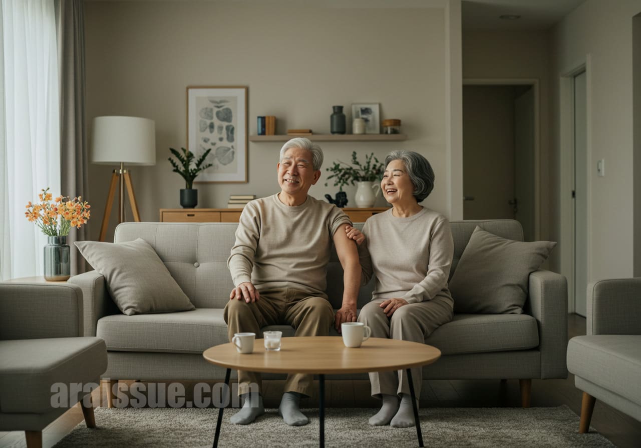 폐렴 예방접종을 마친 한국의 고령자 부부가 아늑한 거실에서 함께 앉아 있는 모습. 실내는 따뜻하고 현대적인 디자인으로 꾸며져 있음.