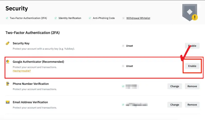바이낸스 Google Authenticator Enable
