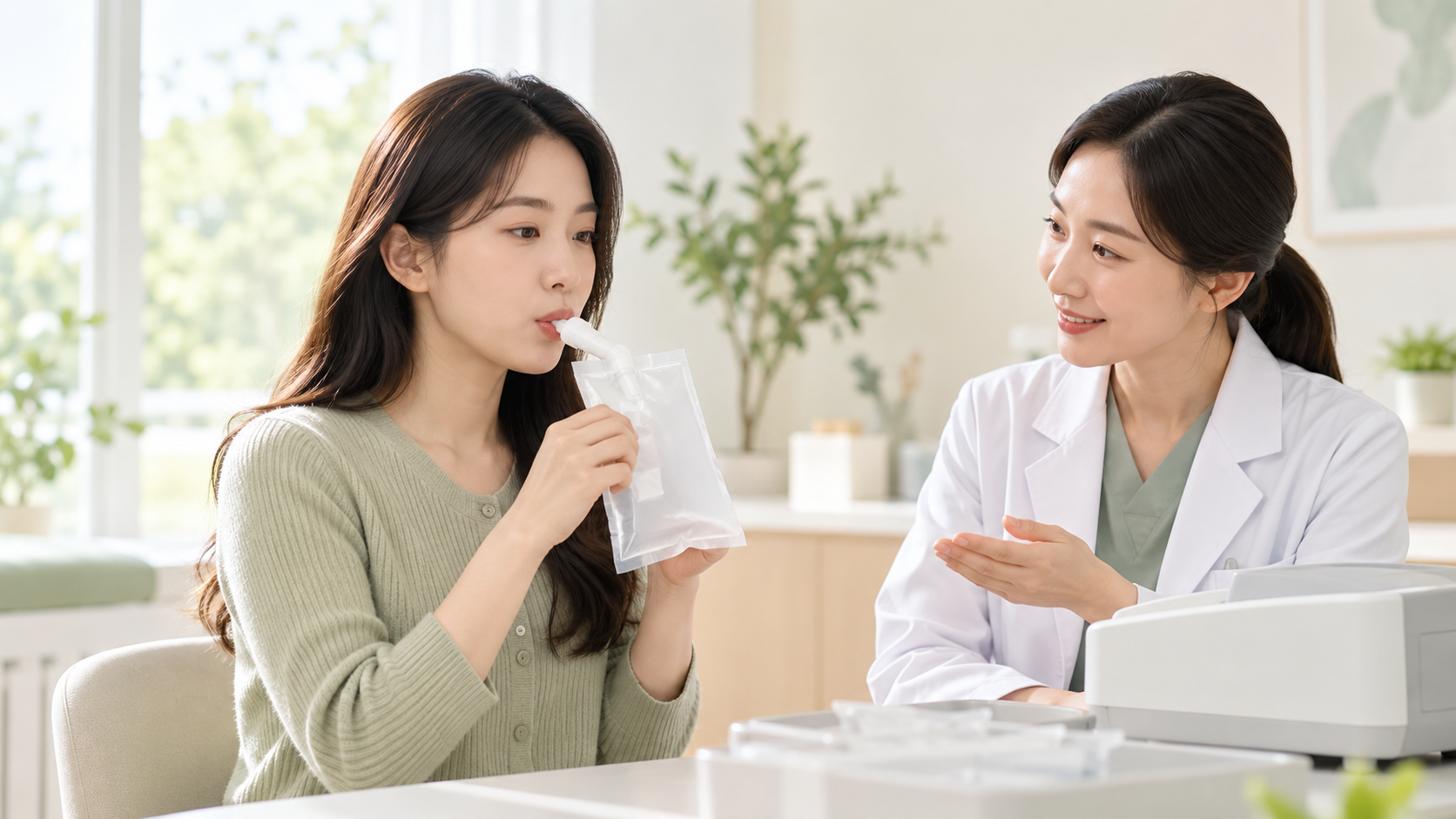 의료진 안내에 따라 요소호기검사용 주머니에 숨을 내쉬는 여성