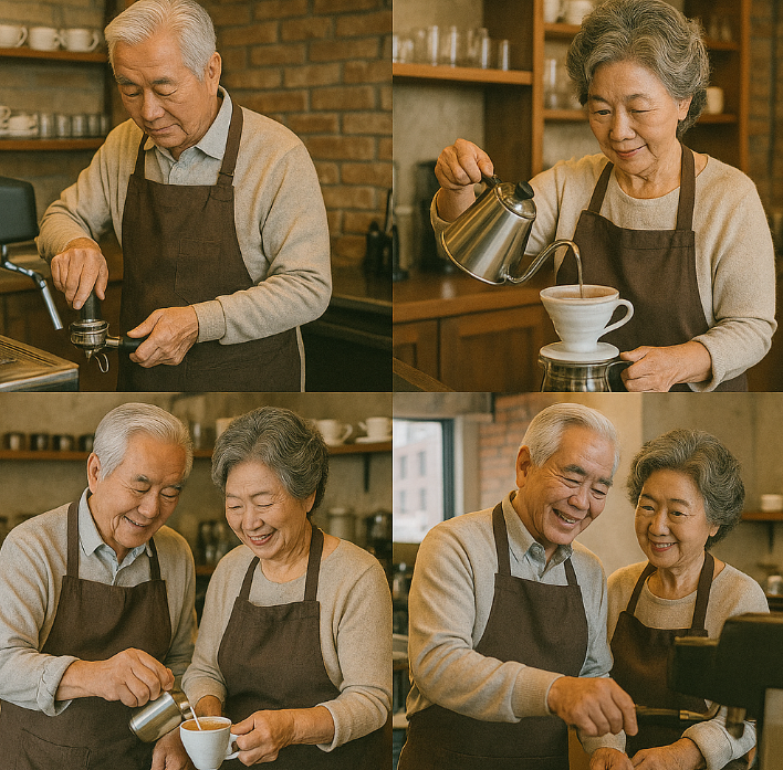 노부부가 카페에서 커피 내리는 모습
