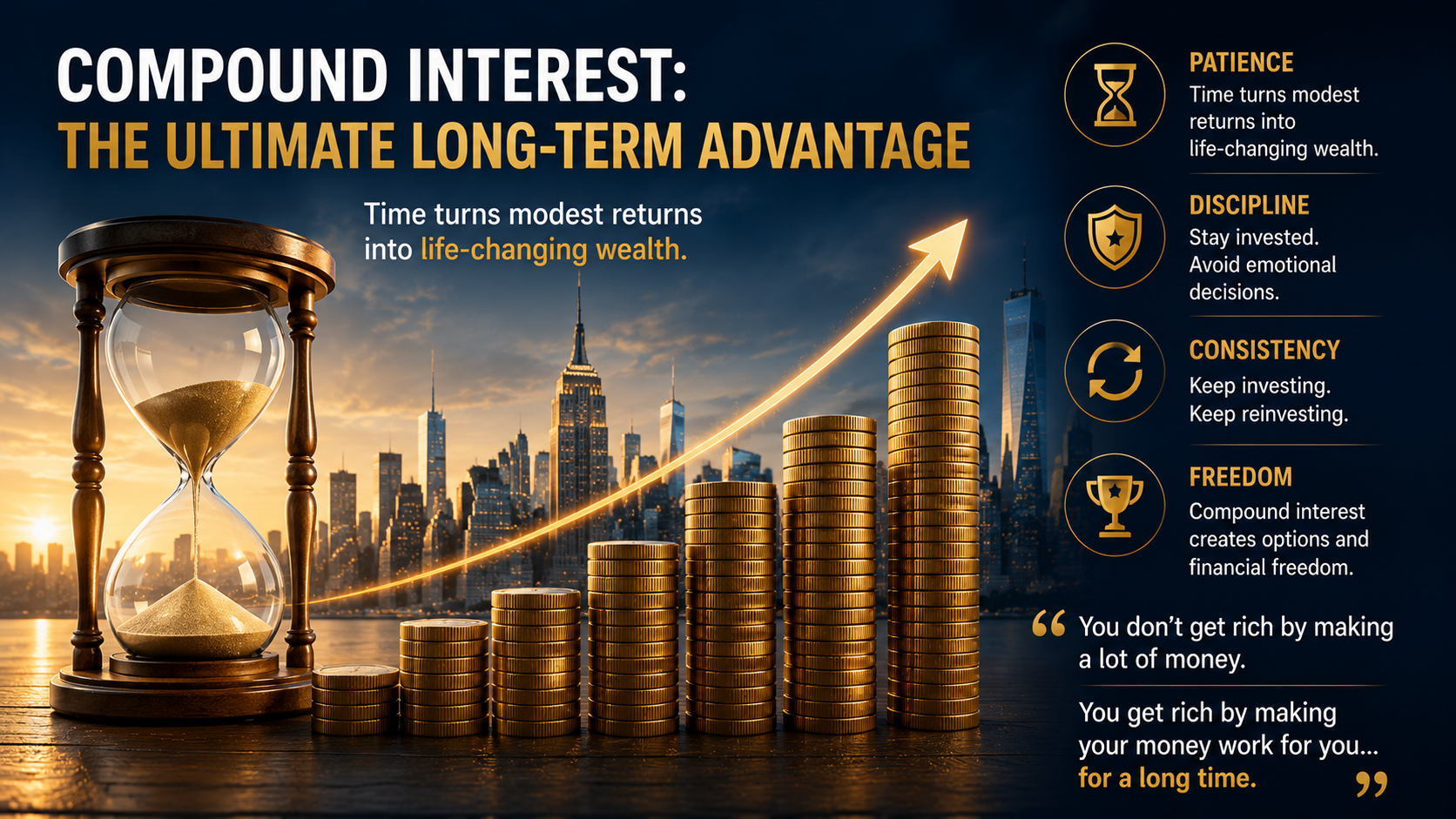 Financial infographic with an hourglass and growing coin stacks, illustrating the long-term benefits of compound interest, patience, and consistent investing.