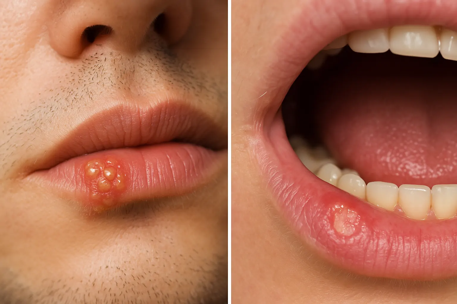 단순 포진(헤르페스)으로 입술에 작은 물집이 생긴 모습. 구강 점막에 궤양이 있는 이미지