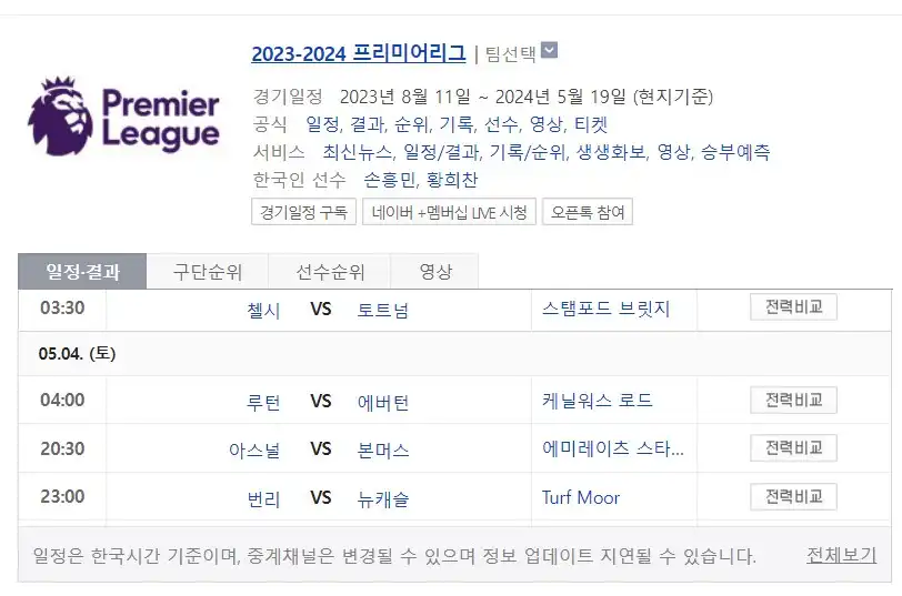 프리미어 리그 순위 확인