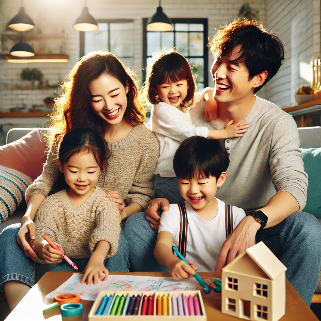 따뜻하고 아늑한 거실에서 세 아이와 함께 시간을 보내는 부모, 아이들이 크레용과 블록으로 창의력을 발휘하는 모습, 자연광이 비추는 밝고 희망적인 분위기, 가족의 사랑과 응원이 느껴지는 장면.