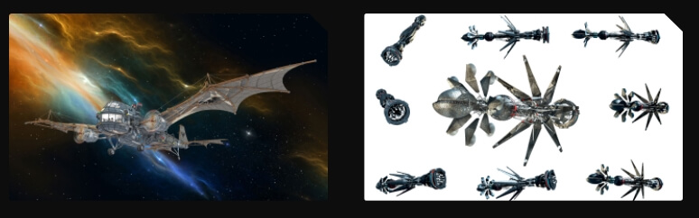 갤럭시워 비행선 포스터, 날개달린 새 모양의 비행선이 있고 우측에는 해양생물 같은 흑백 그림들이 있음