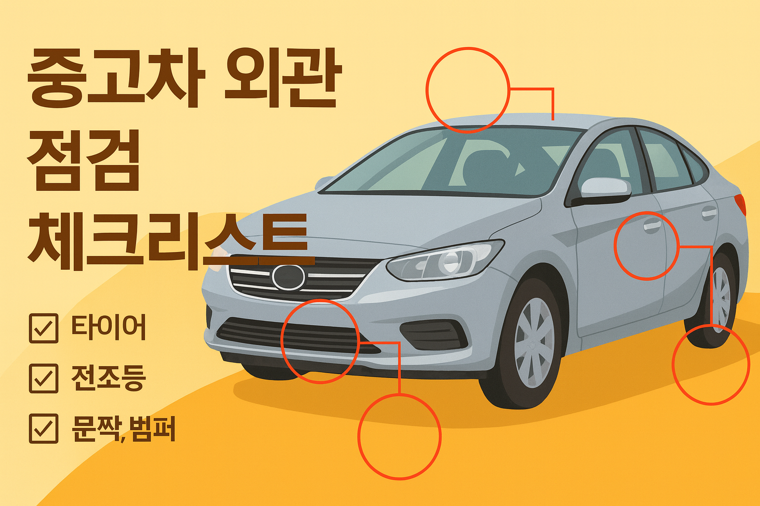 alt="중고차 외관 점검 체크리스트 &ndash; 타이어, 전조등, 유리창, 도어, 범퍼까지 12가지 항목 시각 안내"