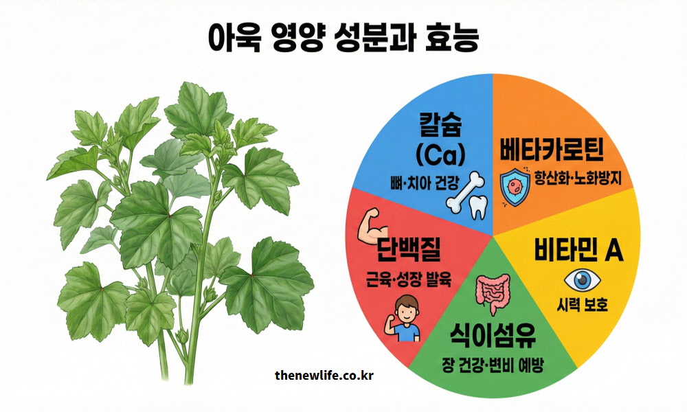 아욱의 5대 핵심 영양소인 칼슘, 베타카로틴, 단백질, 비타민A, 식이섬유의 역할과 건강 효능을 한눈에 보기 쉽게 분석한 원형 차트 인포그래픽