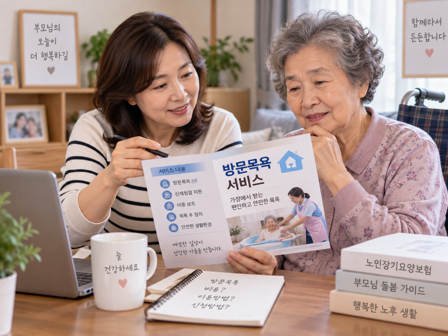 방문목욕 서비스를 알아보는 중장년 자녀와 어르신