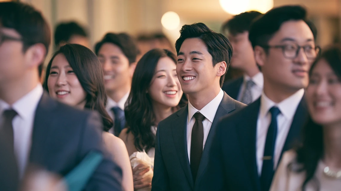결혼을 축하하며 웃는 지인들의 모습