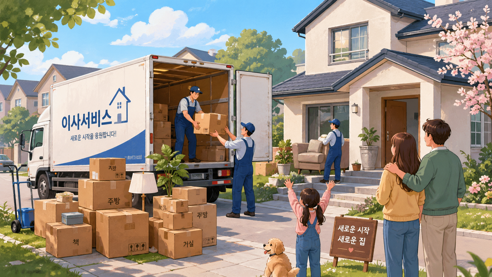 이삿짐센터 직원들이 박스와 가구를 트럭에 싣는 분주한 이사 현장