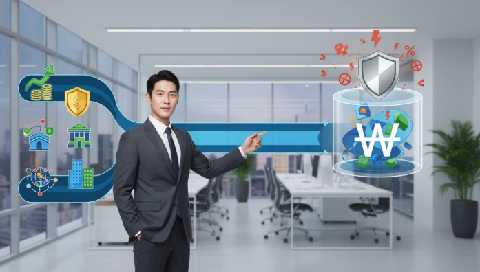 한국인이 ISA 계좌를 통해 다양한 자산에 투자하며 세금 혜택을 받는 과정을 추상적으로 보여주는 인포그래픽.