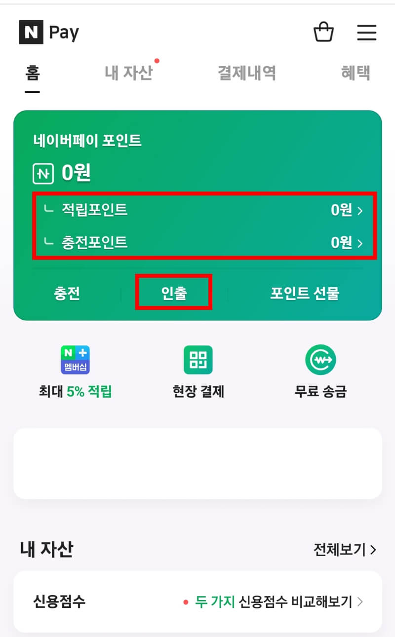 네이버페이-어플 화면에-네이버페이-포인트가-적립포인트와-충전포인트별-금액이-분류되어-표시되고-있다.