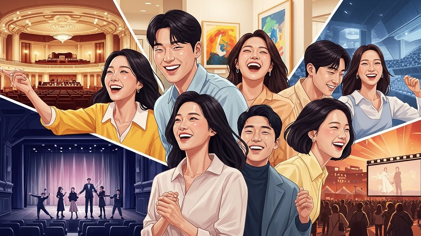다양한 문화예술을 즐기는 만 19세부터 24세 청년들의 활기찬 모습. 전시회, 공연, 영화 등 여러 문화생활을 연상시키는 배경과 함께, 젊음과 문화의 즐거움을 표현하는 역동적인 이미지.