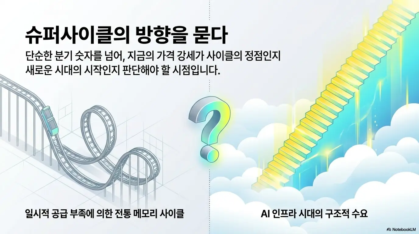 마이크론 실적 발표 결과: &amp;#39;슈퍼사이클의 방향을 묻다&amp;#39;라는 문구와 롤러코스터&middot;계단 일러스트가 담긴 이미지. 이 이미지는 지금의 메모리 가격 강세가 일시적 사이클 정점인지 AI 인프라 시대의 구조적 수요인지를 묻는 마이크론 실적발표의 핵심 질문을 시각적으로 전달하며&amp;#44; 블로그의 AI 메모리 슈퍼사이클과 관련된 내용을 설명함