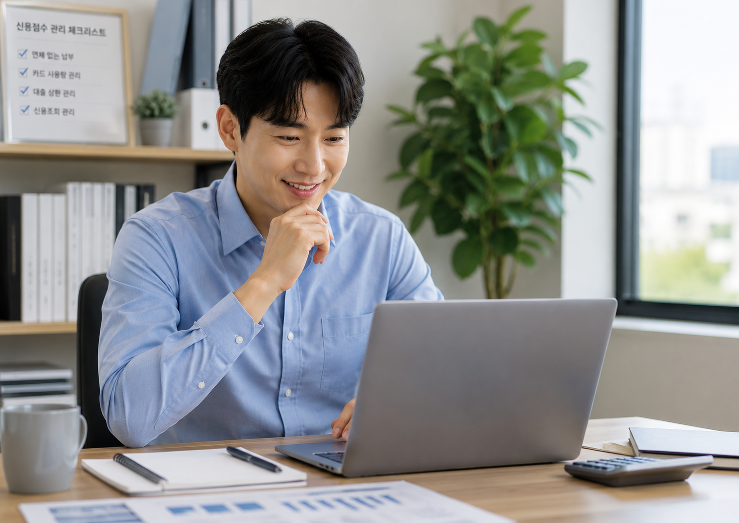 노트북으로 자신의 신용점수와 대출 금리를 꼼꼼하게 비교하며 미소 짓고 있는 직장인의 모습
