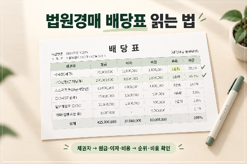 법원경매 배당표에서 채권자와 원금&middot;이자&middot;비용, 배당 순위와 비율을 확인하는 모습