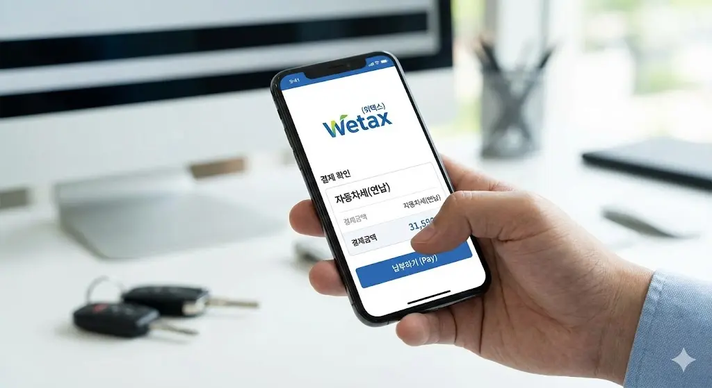 스마트폰으로 위택스 납부하는 손 이미지'