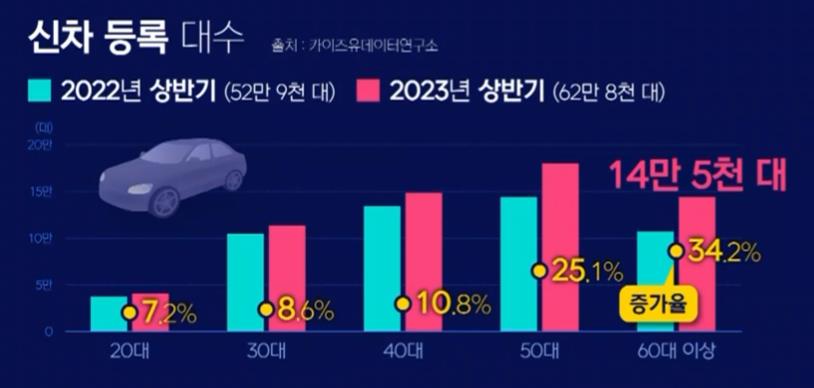 60대 이상의 신차 등록 증가율이 가장 높다.