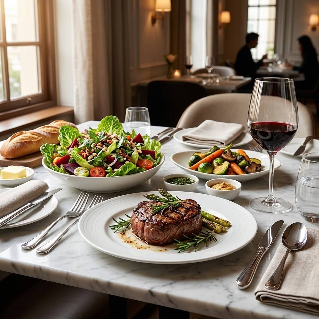 신선한 채소와 갓 조리한 고기가 놓인 깔끔하고 고급스러운 식탁 풍경