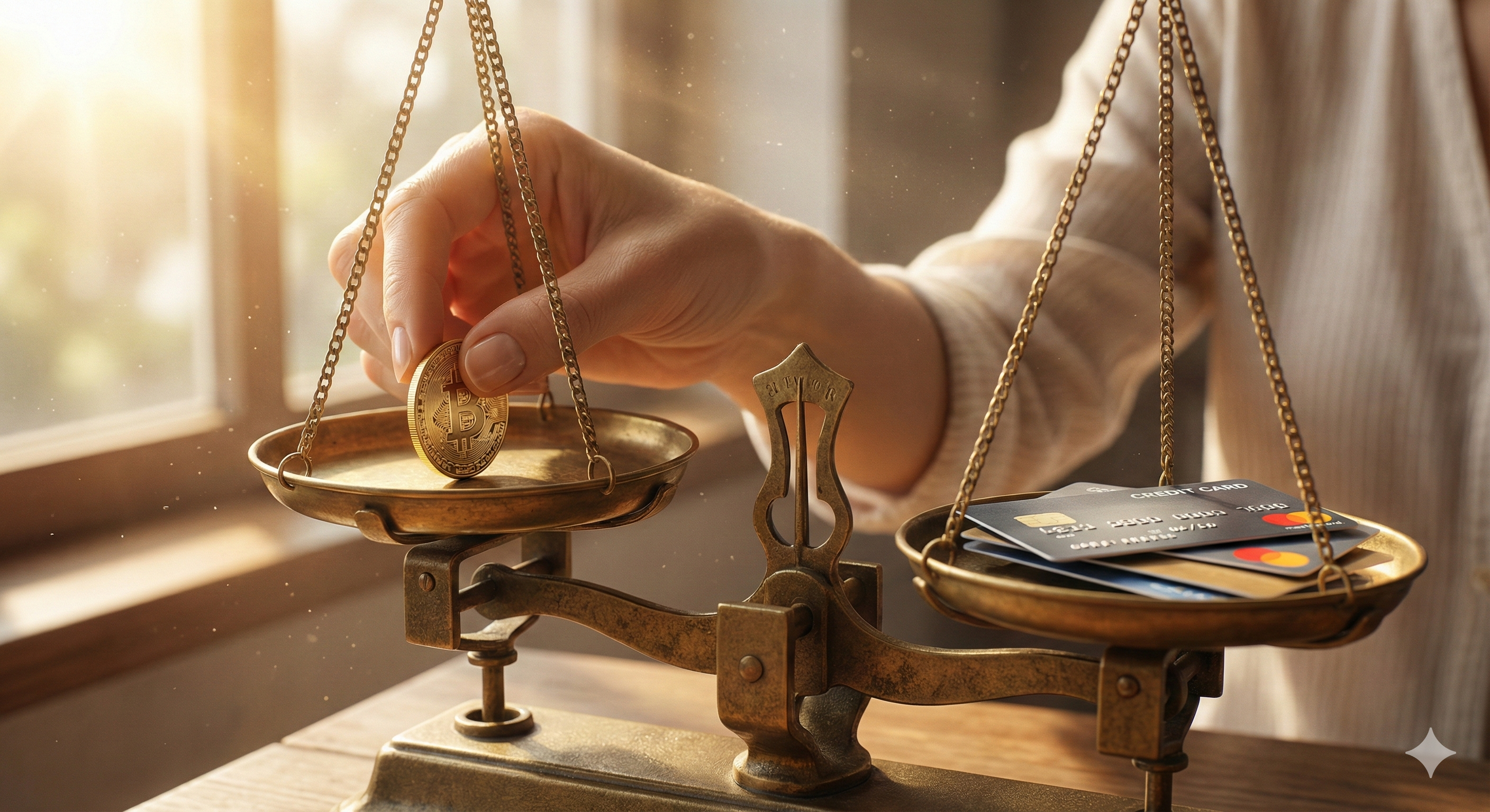 신용카드와 금화의 균형을 맞추고 있는 저울, 과소비를 막고 신용 점수 황금 비율을 지키는 지혜