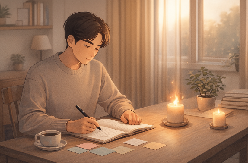 책상 앞에서 노트에 목표를 정리하고 있는 사람 사진