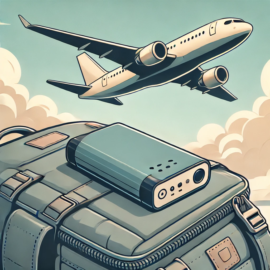 비행기 탑승 전 여행 가방에 보조배터리를 넣는 모습. 보조배터리 기내 반입, 해외 여행 반입 규정, 비행기 보조배터리 규정 2025 등 관련 정보를 직관적으로 표현한 이미지