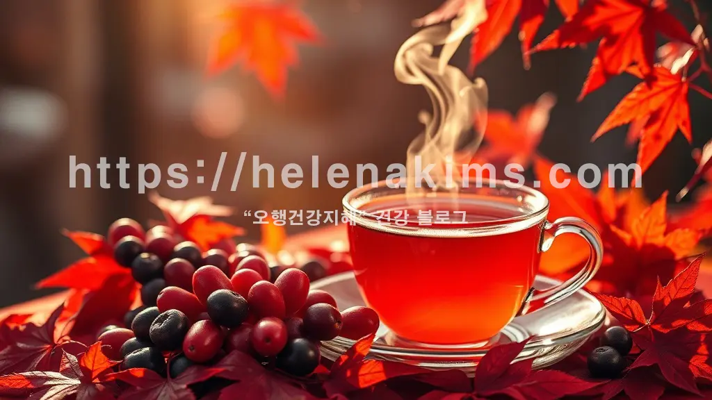 "가을 햇살 아래 빛나는 신선한 오미자 열매와 김이 모락모락 나는 따뜻한 오미자차 두 잔. 붉은 단풍잎이 감싸고 있는 환절기 면역력 증진과 활력을 상징하는 이미지.