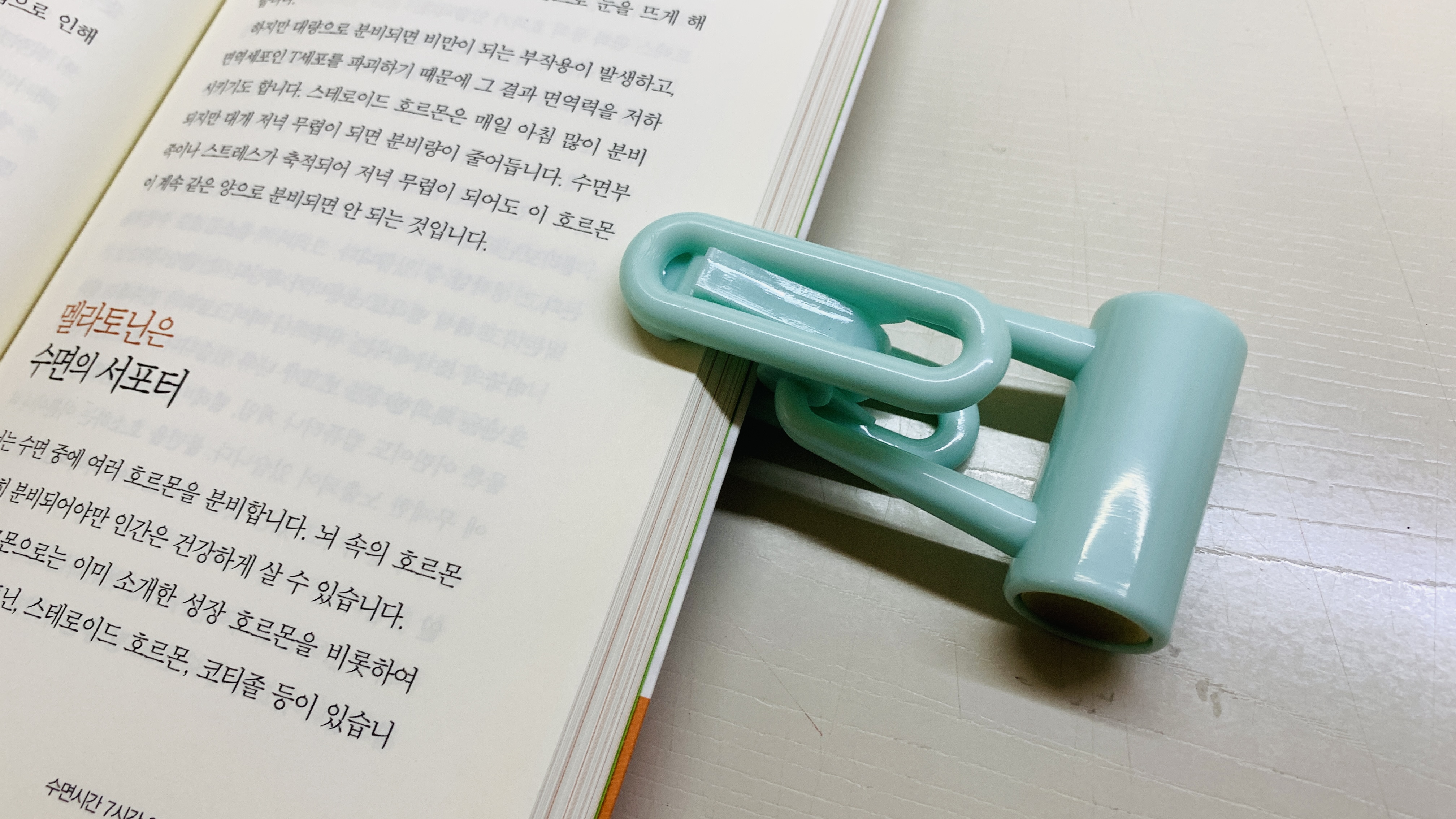 민트색 소프트룸 북스토퍼로 책의 우측페이지를 모두를 고정시킨 사진
