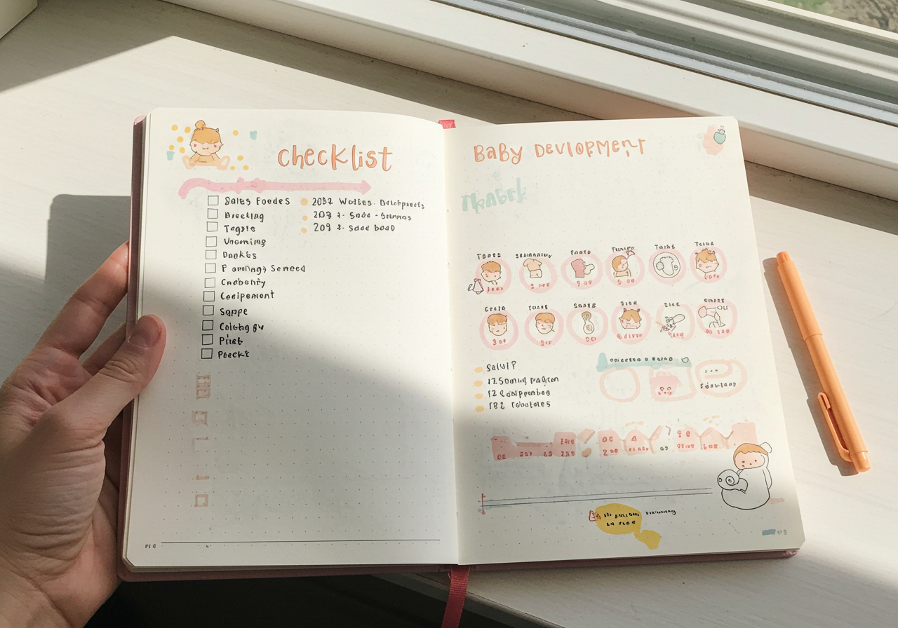 성장표을 활용해 체크하는 부모의 모습과 노트