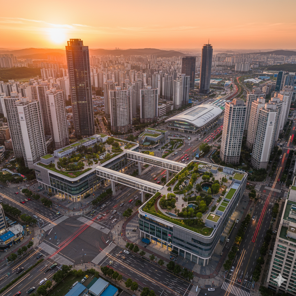 KTX 천안아산역을 중심으로 고층 주거/업무 빌딩들이 조화롭게 어우러진 도시 스카이라인