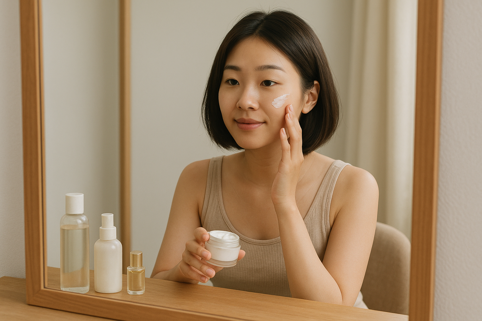 거울앞에서 스킨케어중인 여자