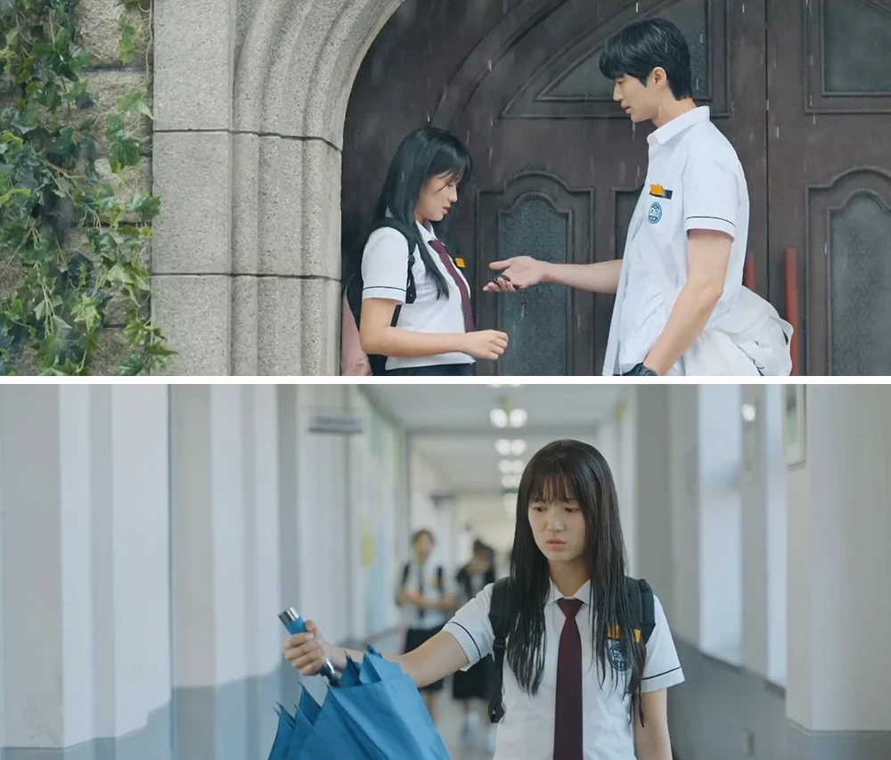 시계를-돌려주는-선재와-당황해서-선재-우산을-들고온-솔이