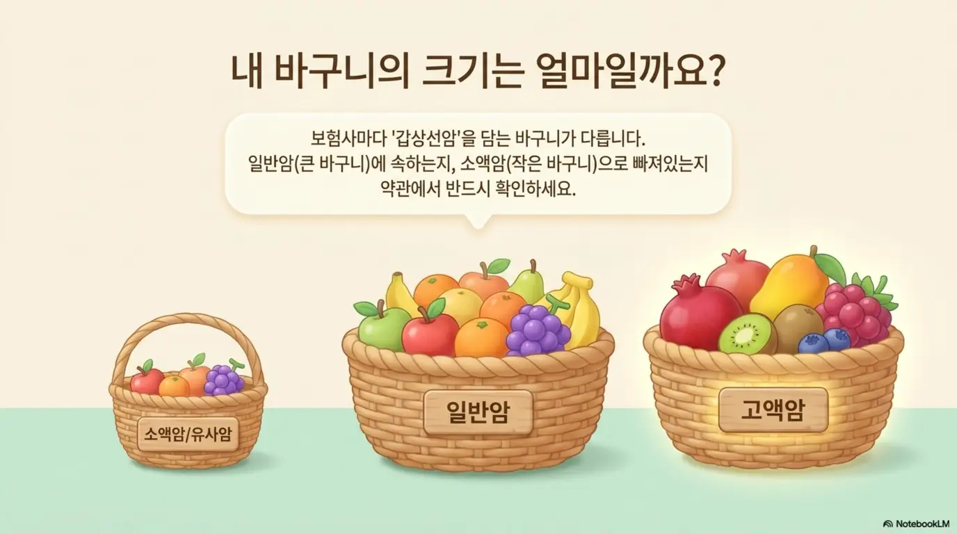 암보험 가입시 주의사항: 소액암과 유사암은 작은 바구니 일반암은 큰 바구니 고액암은 풍성한 바구니로 표현한 과일 바구니 비유 일러스트. 보험사마다 갑상선암을 담는 바구니가 다르다는 안내 문구가 포함되어 있으며 암보험 보장 범위의 암 분류별 진단금 차이를 시각적으로 전달함 