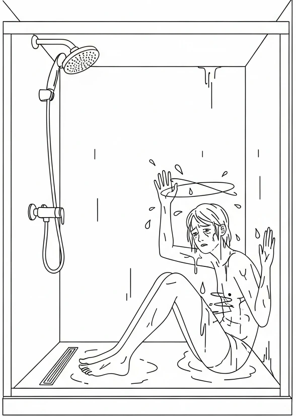 샤워 중 벽에 기대 앉음