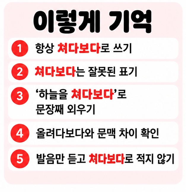 항상 쳐다보다로 쓰기 하늘을 쳐다보다 예문으로 기억하기를 보여주는 맞춤법 체크 카드
