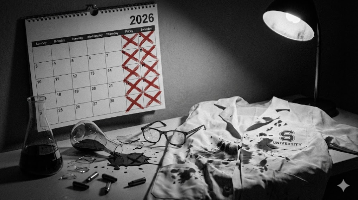 2026년 달력의 '토요일' 칸마다 붉은색 X표가 거칠게 그어져 있고, 그 위에 S대 로고가 박힌 실험 가운과 깨진 시약병, 그리고 누군가의 안경이 널브러진 느와르 풍의 연출 컷.