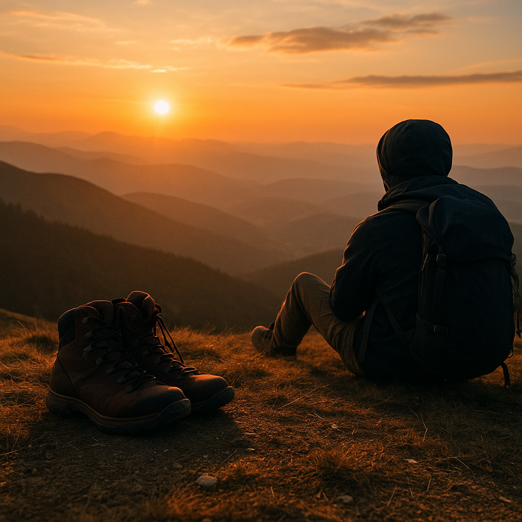 산 능선 앞에서 쉬는 사람과 벗어둔 등산화 – 일몰