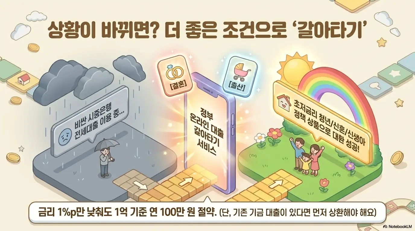 전세자금대출 금리비교: 상황이 바뀌면 더 좋은 조건으로 갈아타기를 안내하는 이미지. 비싼 시중은행 전세대출을 쓰다가 결혼&middot;출산 등으로 정부 온라인 대출 갈아타기 서비스를 통해 청년&middot;신혼&middot;신생아 초저금리 정책 상품으로 대환에 성공하면 금리 1%포인트만 낮춰도 1억 기준 연 100만 원을 절약할 수 있다는 내용을 시각적으로 전달함