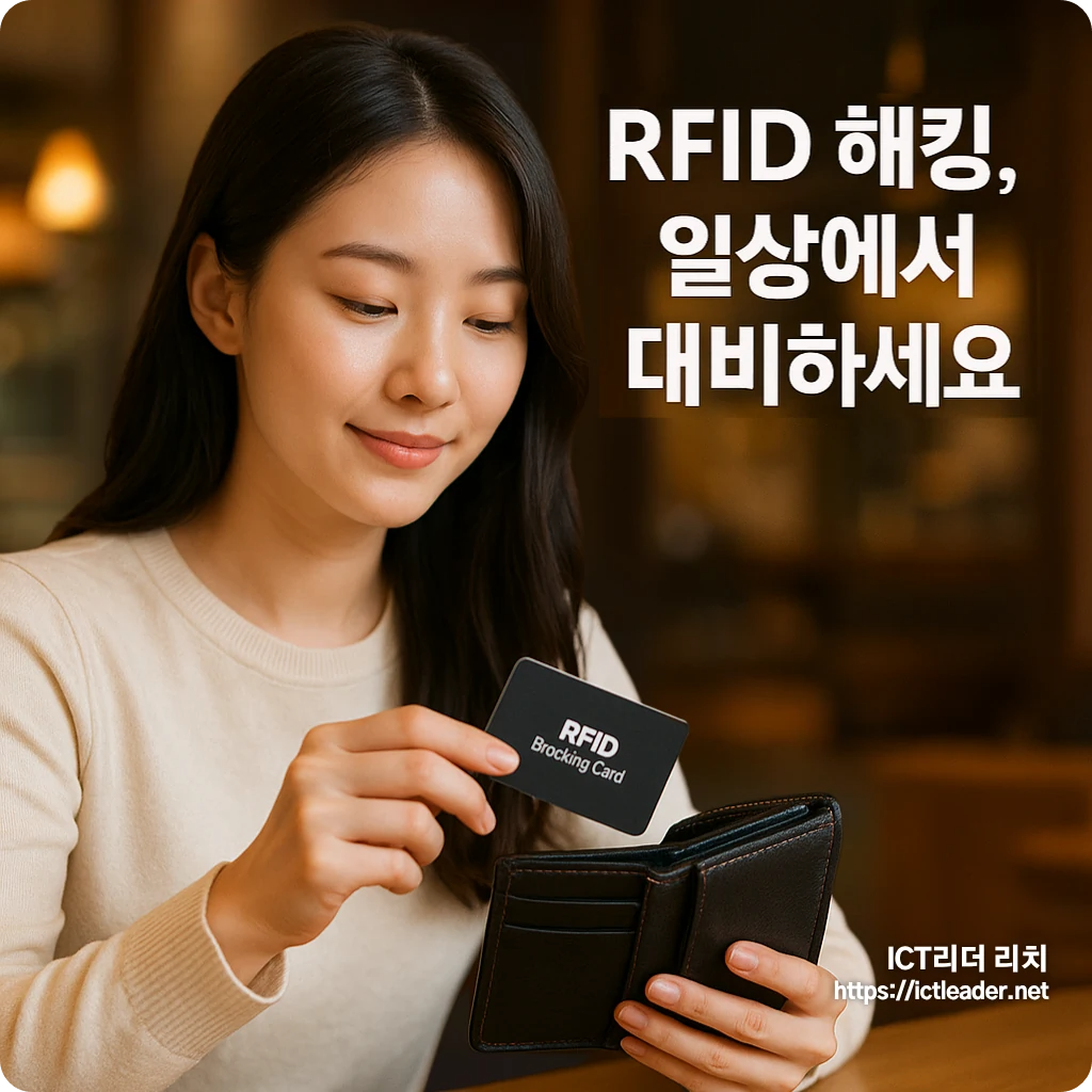 RFID 차단 지갑을 사용하는 20대 여성의 자연스러운 보안 실천 장면