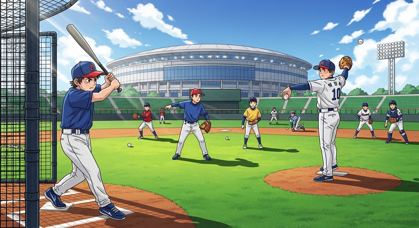젊은 야구 선수들이 훈련하며 잠재력을 키우는 모습, 미래 KBO 스타를 상징