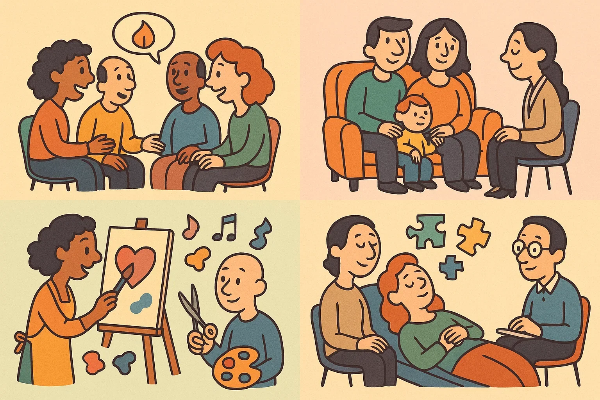 집단상담, 가족상담, 예술치료, 개인상담 장면을 보여주는 심리 지원 인포그래픽