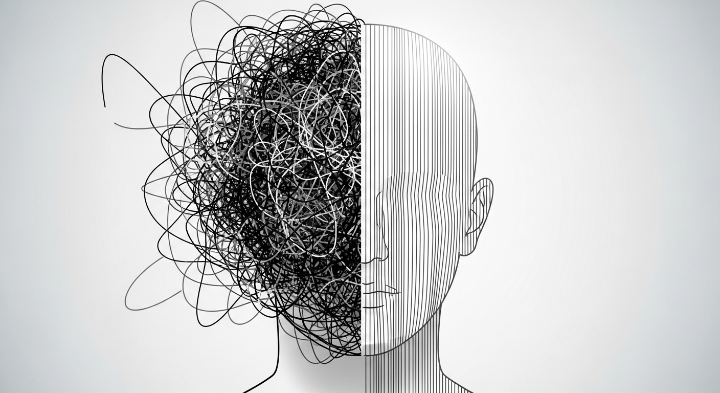 복잡하게 얽힌 생각들로 가득 찬 머릿속이 깔끔하게 정리되는 과정을 표현한 그림